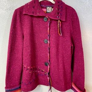 Bets by Canvasbacks Wool Jacket Cardigan Pink Button Front Wolly Artisan Trim M